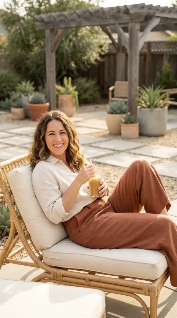 The Smart Drought Tolerant Landscape Design For Busy Homeowners Who Absolutely Hate Yard Work 3 A woman relaxing on a low maintenance modern xeriscape patio enjoying her weekend without lawn chores.