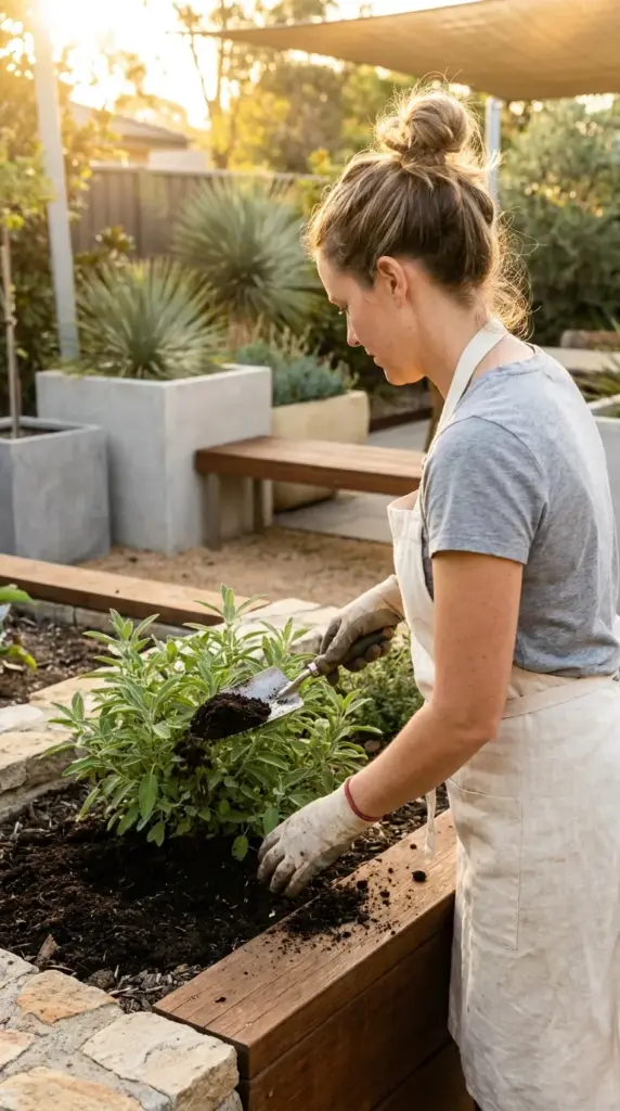 A gardener adding organic matter and nutrients to native plants in a low water yard.