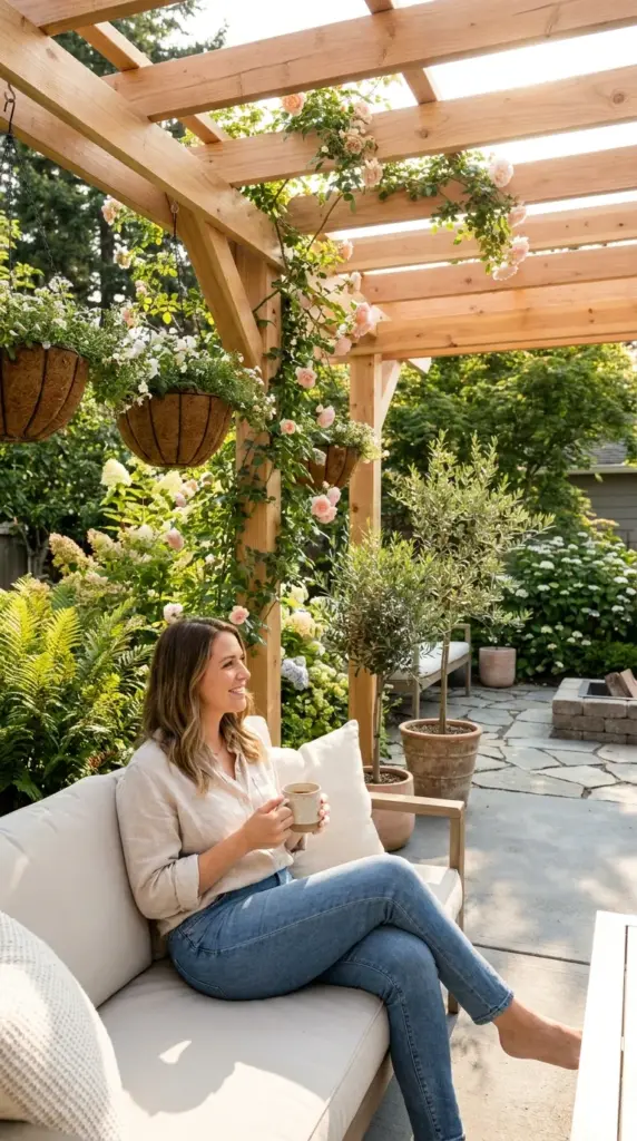 A happy homeowner sitting comfortably on a beautiful outdoor patio underneath a newly built wooden pergola canopy.