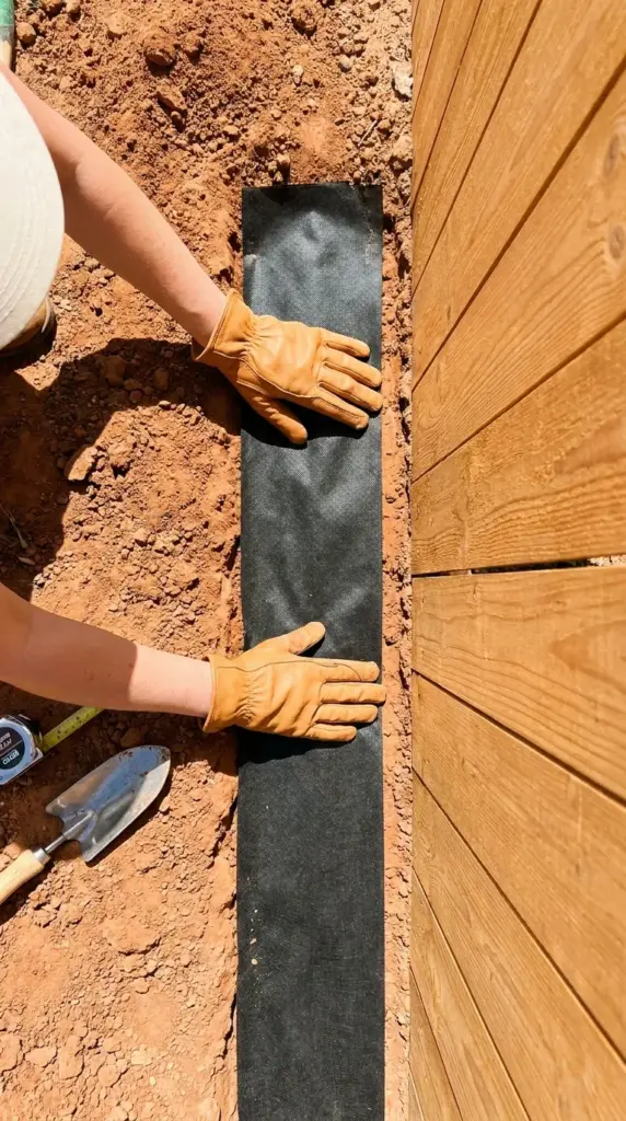 Preparing a trench with landscape fabric and leaving a buffer gap before installing rocks against a fence line to stop moisture.