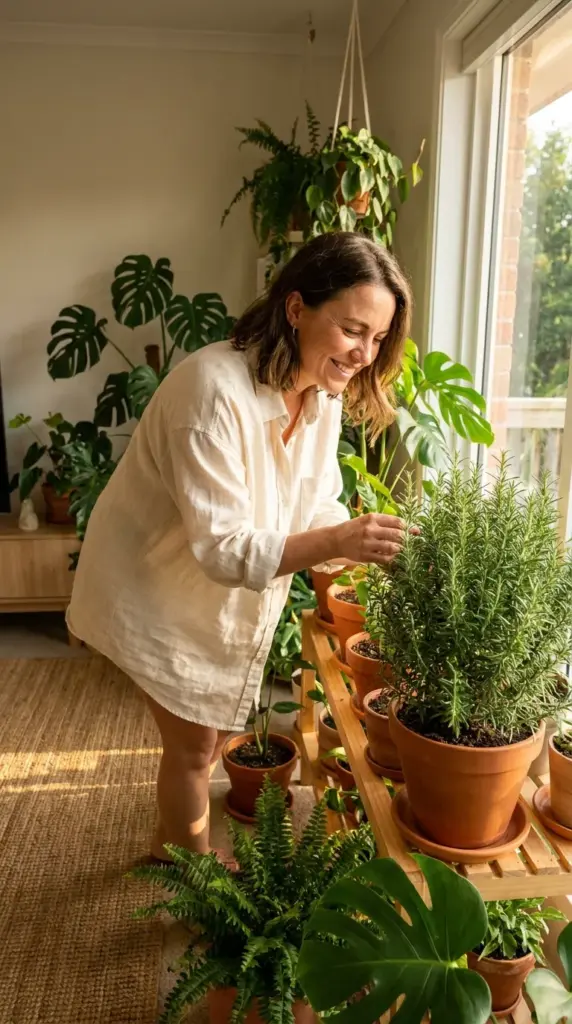 Smiling woman tending to a large indoor potted rosemary plant in a sunlit living room.