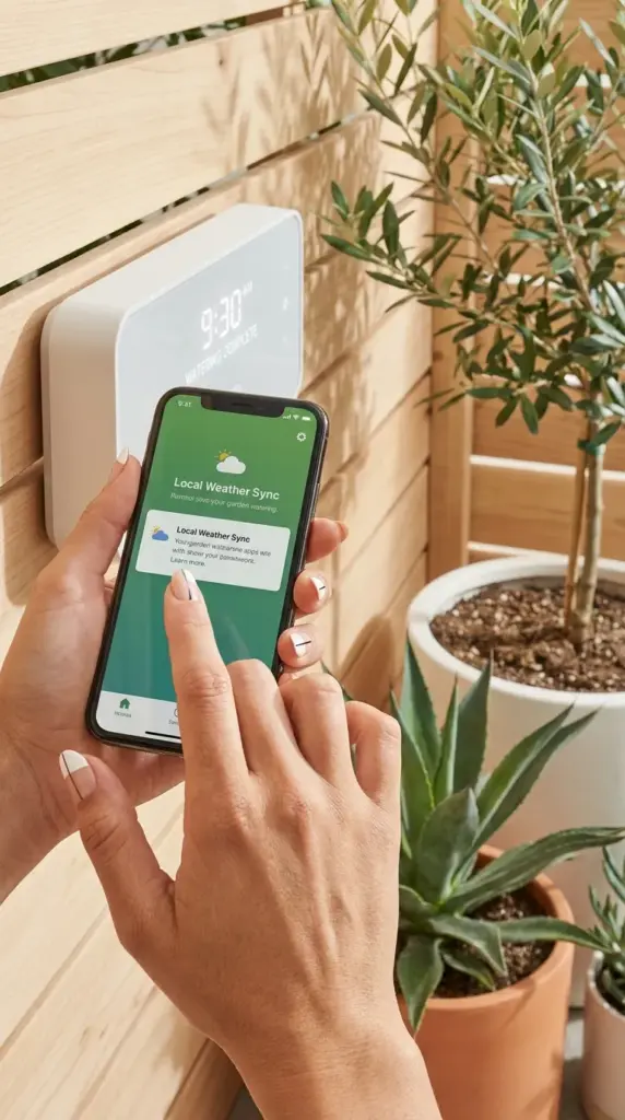A smartphone app managing a smart irrigation system for outdoor water conservation.