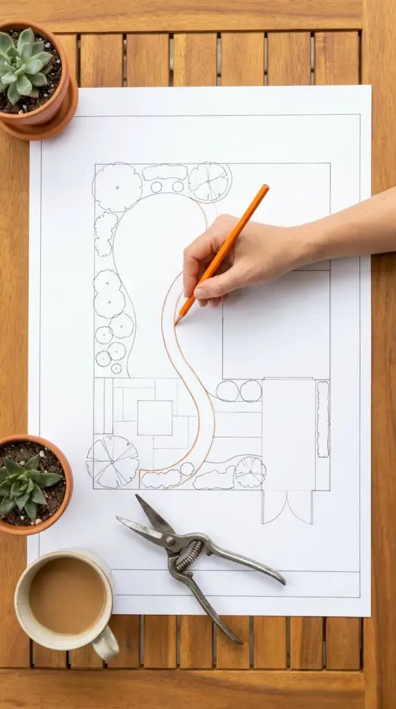 Top down view of a woman sketching a backyard layout for dogs on a landscape blueprint.