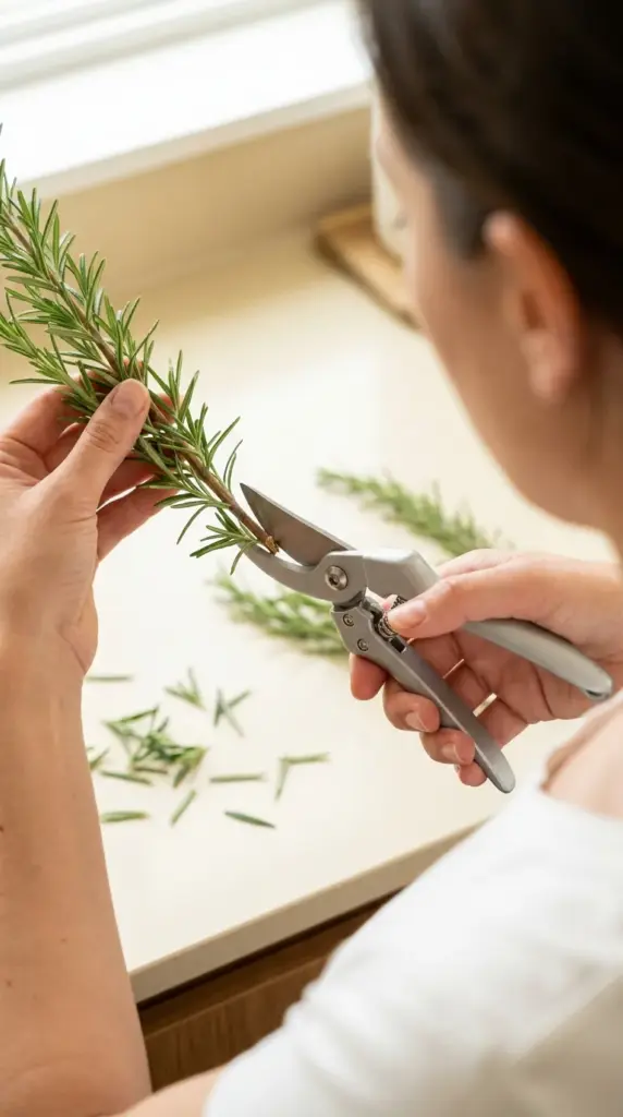 Close-up of hands using pruning shears to take a precise cutting from a rosemary plant mother plant.
