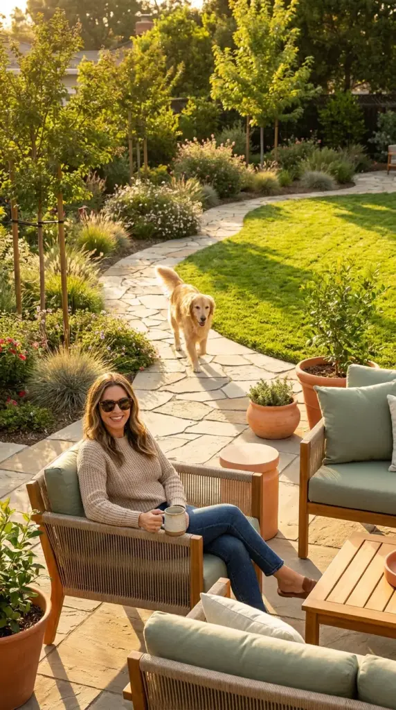 Woman relaxing in a beautifully landscaped dog friendly backyard while her dog runs on a custom perimeter path.
