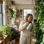 A stylish woman watering a lush indoor living wall in a small apartment without a balcony, showcasing creative indoor gardening ideas.