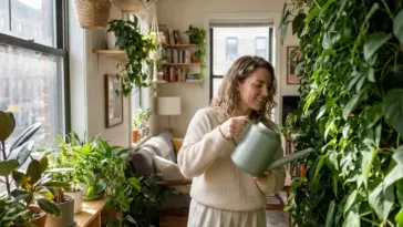 A stylish woman watering a lush indoor living wall in a small apartment without a balcony, showcasing creative indoor gardening ideas.
