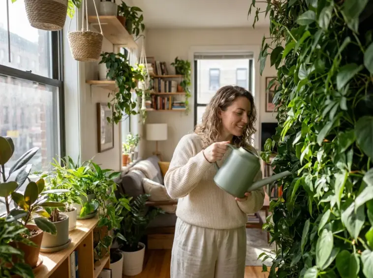 A stylish woman watering a lush indoor living wall in a small apartment without a balcony, showcasing creative indoor gardening ideas.