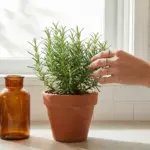 A thriving indoor rosemary herb plant in a terracotta pot on a sunlit kitchen windowsill.