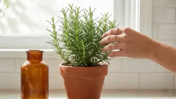 A thriving indoor rosemary herb plant in a terracotta pot on a sunlit kitchen windowsill.
