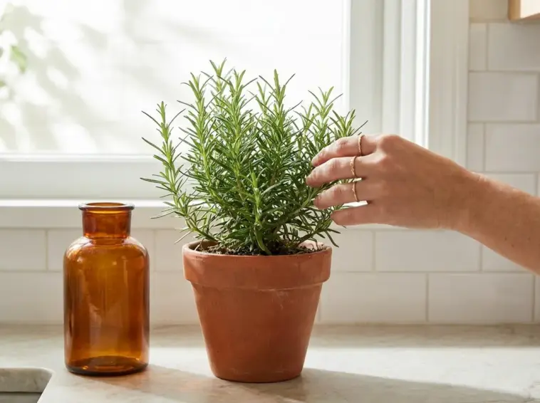 A thriving indoor rosemary herb plant in a terracotta pot on a sunlit kitchen windowsill.