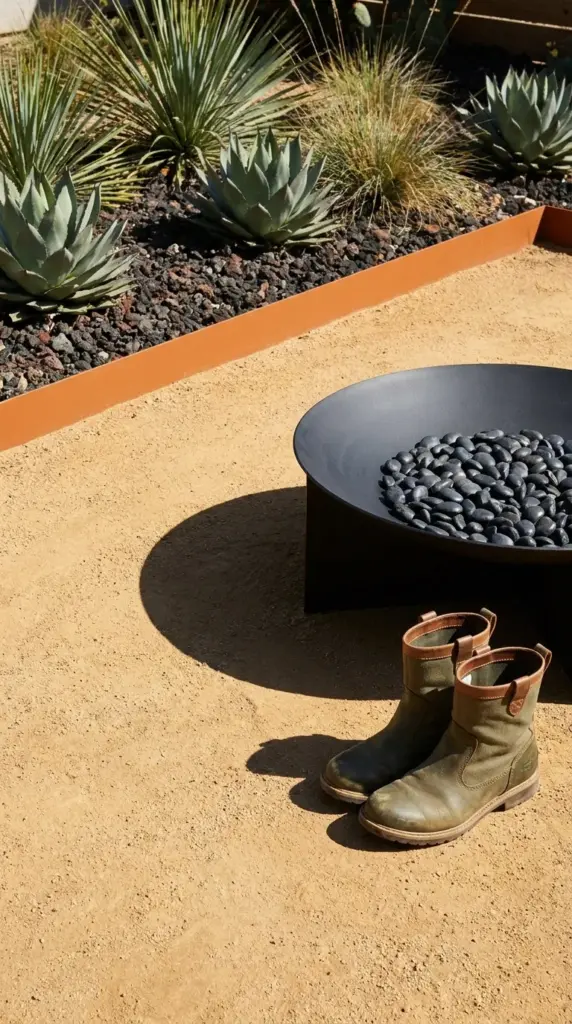 Decomposed granite patio bordered by metal edging and drought-tolerant agave plants.