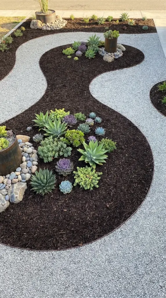 Rich wood chip mulch islands creating texture and contrast in a low-water front yard.