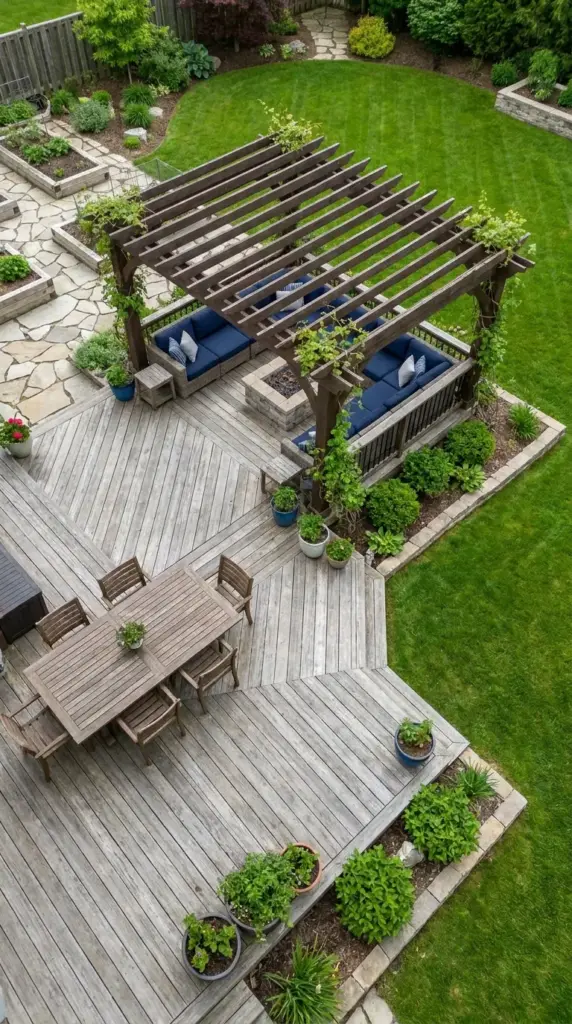 A multi-level backyard deck layout featuring a wooden pergola anchoring a distinct outdoor living room seating zone.