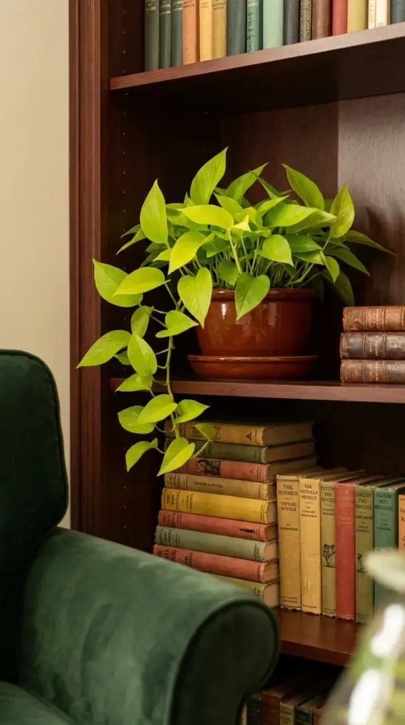 A beautiful bookshelf styled with vintage books and trailing indoor plants sitting safely in waterproof ceramic saucers to protect the home library.