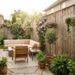 Beautiful low-maintenance fence landscaping ideas for a small suburban backyard patio.