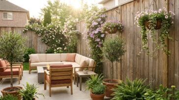 Beautiful low-maintenance fence landscaping ideas for a small suburban backyard patio.