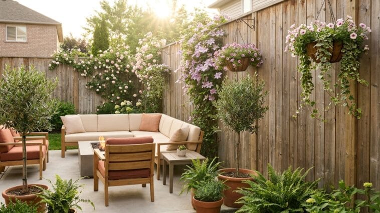 Beautiful low-maintenance fence landscaping ideas for a small suburban backyard patio.