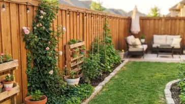 A beautiful backyard fence transformation featuring budget-friendly landscaping ideas and lush green garden borders under bright sunlight.
