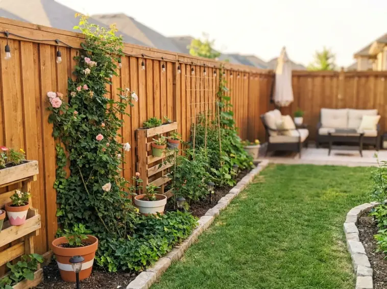 A beautiful backyard fence transformation featuring budget-friendly landscaping ideas and lush green garden borders under bright sunlight.
