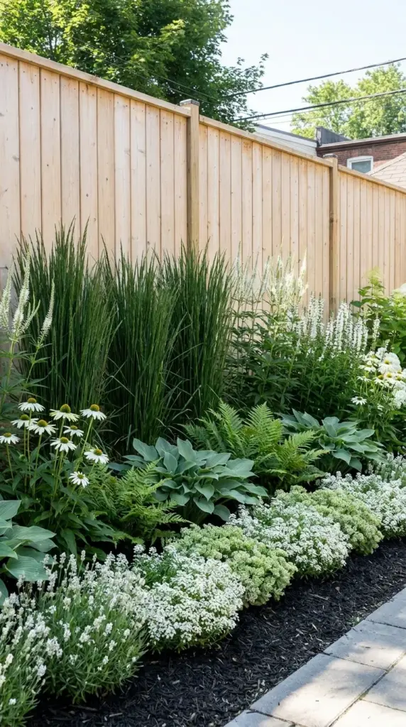 Layered three-tier garden planting border with evergreen shrubs and flowers along a backyard fence.