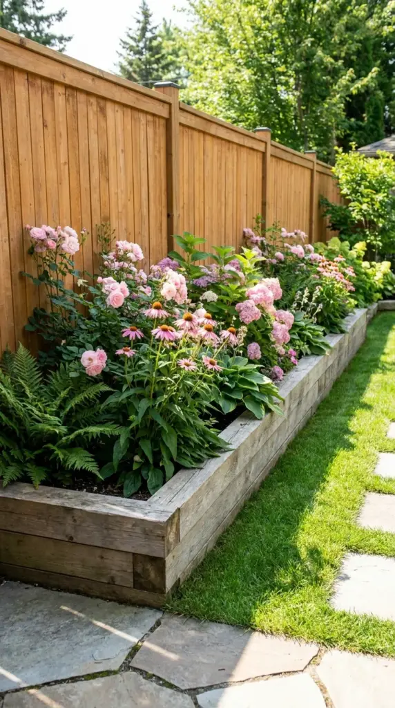 Elegant backyard garden border softening a wooden privacy fence to boost property value.