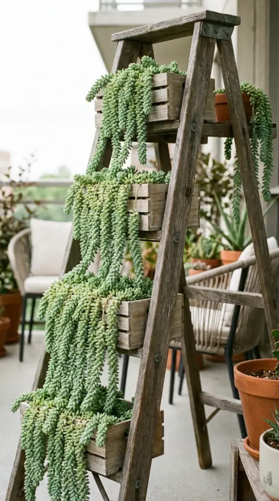 A weathered wooden step ladder used as a vertical patio planter for cascading burros tail succulents on a small balcony.