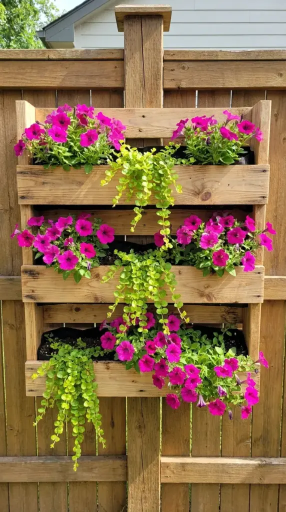 A rustic DIY upcycled wooden pallet planter filled with bright pink flowers hanging on a backyard wooden fence.