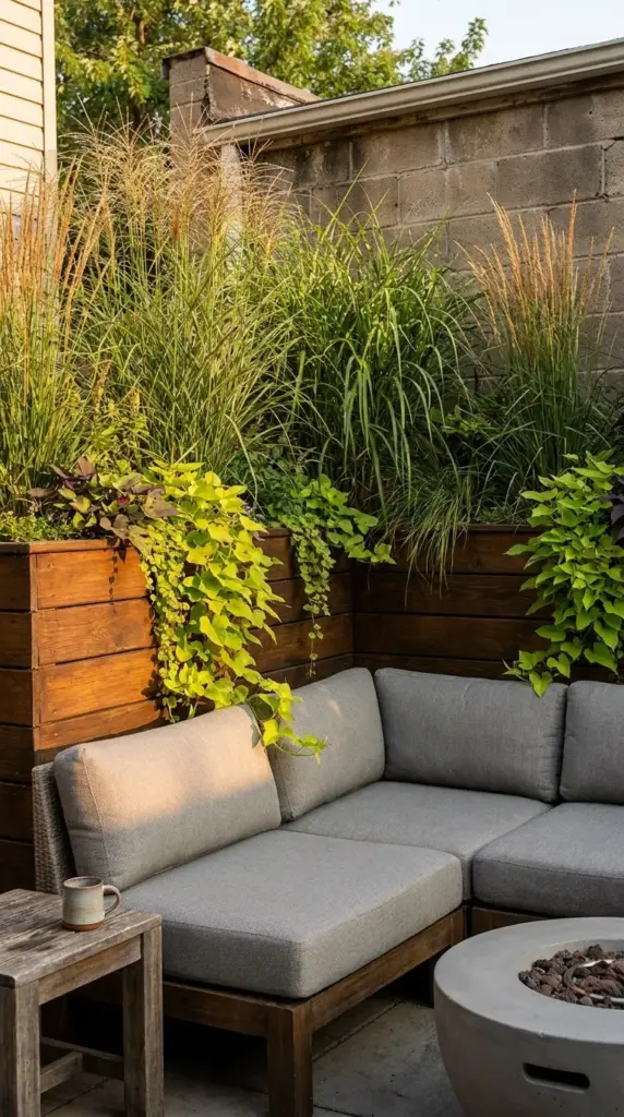 Custom built-in wooden raised planter beds behind an outdoor sectional creating an immediate wrap-around botanical barricade.