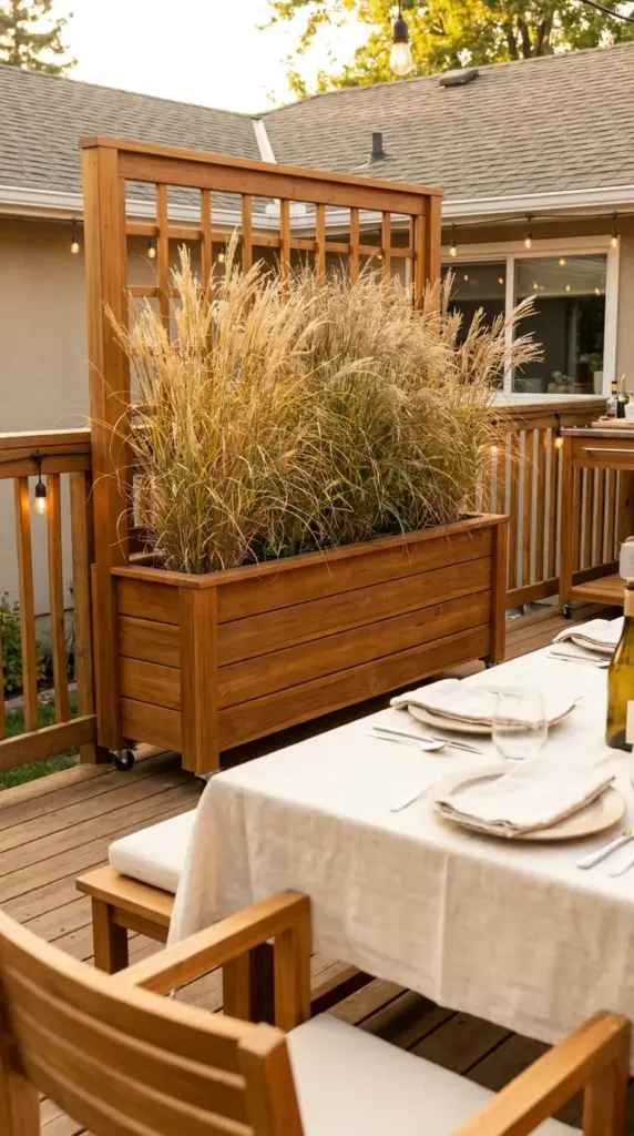Mobile privacy screen planter on wheels blocking a neighbor's view next to an outdoor patio dining area.