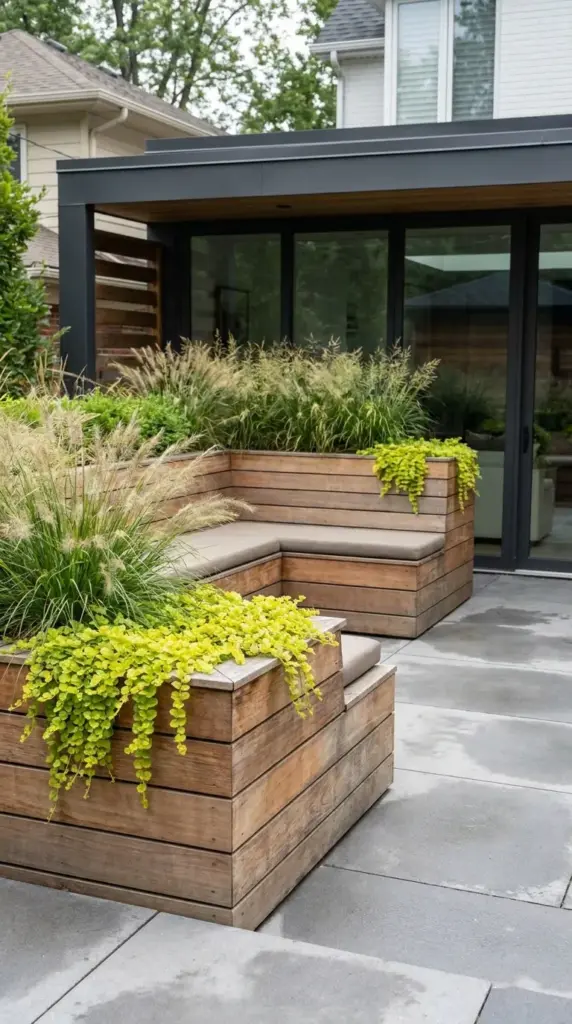 Stepped wooden planter boxes doubling as built-in patio seating surrounded by ornamental grasses.