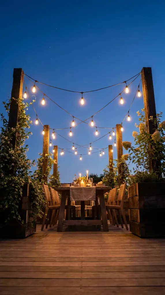 Bistro lights hung from planter posts over an open air patio creating a stunning virtual ceiling at night.