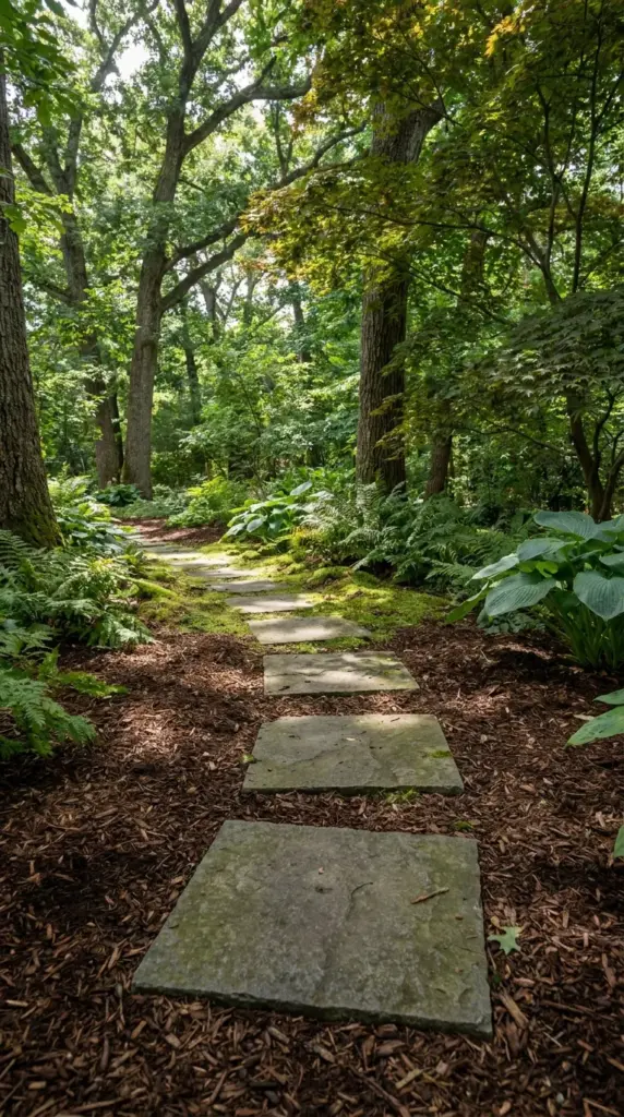 Stepping stone patio surrounded by cedar mulch for a low-budget woodland garden path.