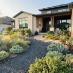 Modern xeriscape front yard design with lush drought tolerant plants and smart hydro zoning layout for high curb appeal.
