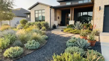 Modern xeriscape front yard design with lush drought tolerant plants and smart hydro zoning layout for high curb appeal.