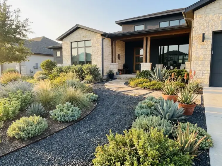 Modern xeriscape front yard design with lush drought tolerant plants and smart hydro zoning layout for high curb appeal.