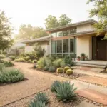 Beautiful drought tolerant landscaping in front of a modern suburban home showcasing water saving garden design.