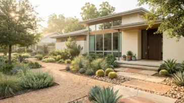 Beautiful drought tolerant landscaping in front of a modern suburban home showcasing water saving garden design.