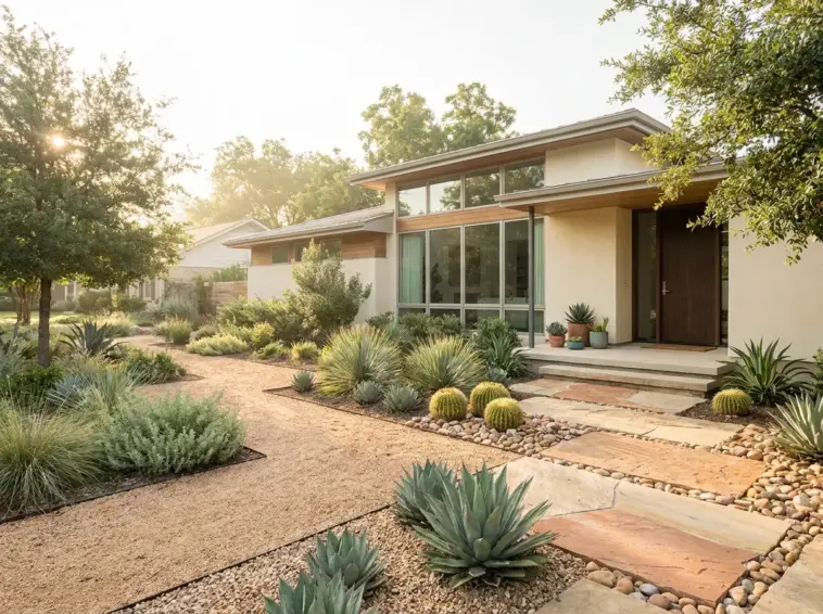 Beautiful drought tolerant landscaping in front of a modern suburban home showcasing water saving garden design.
