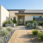 Modern xeriscape front yard landscaping with decorative river rock and drought tolerant plants showcasing proper drainage.
