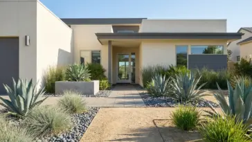 Modern xeriscape front yard landscaping with decorative river rock and drought tolerant plants showcasing proper drainage.