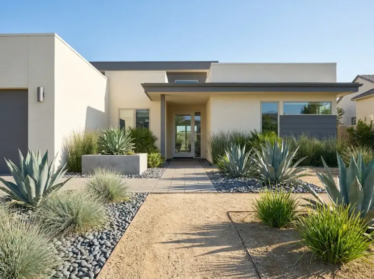 Modern xeriscape front yard landscaping with decorative river rock and drought tolerant plants showcasing proper drainage.