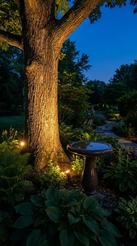 Strategic low-voltage landscape lighting illuminating a stone birdbath in a front yard at night.