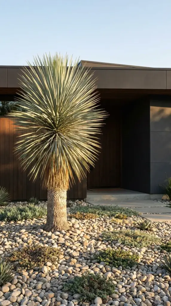 A dramatic architectural specimen plant like a Yucca Rostrata adding vertical scale and curb appeal to a modern front yard.