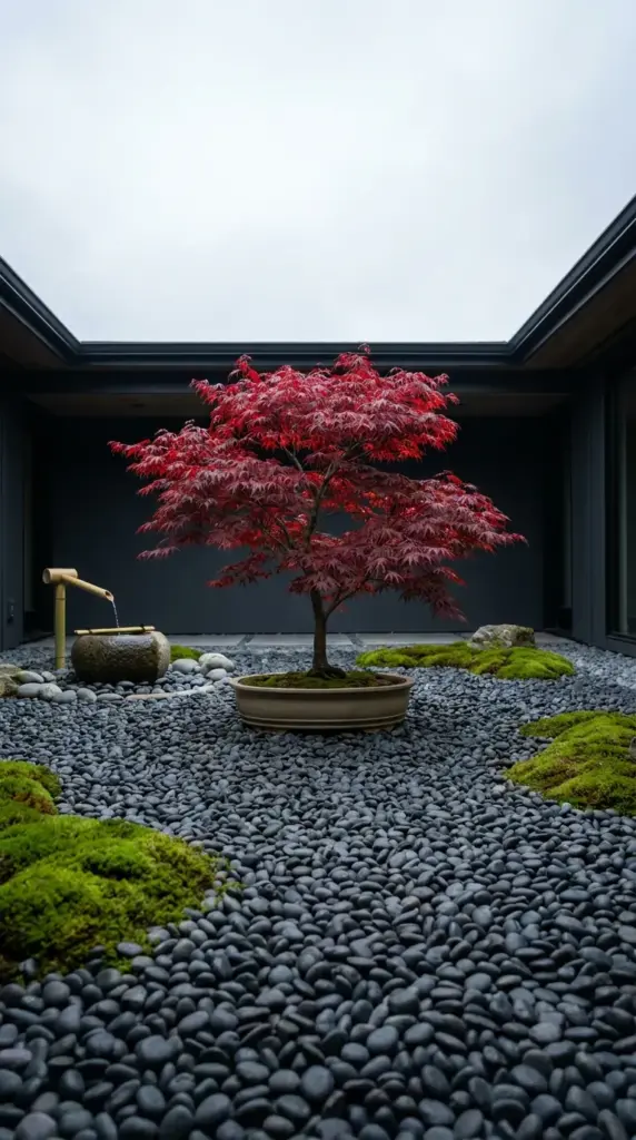 Minimalist zen backyard garden with dark river rocks, a Japanese maple tree, and a bamboo water feature.