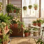 Beautiful small balcony garden design featuring terracotta pots and hanging plants for urban apartments.