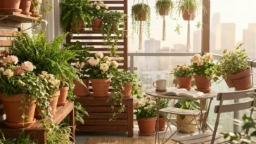 Beautiful small balcony garden design featuring terracotta pots and hanging plants for urban apartments.