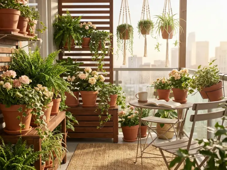 Beautiful small balcony garden design featuring terracotta pots and hanging plants for urban apartments.