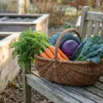 A woven basket filled with freshly harvested winter vegetables like carrots, kale, and cabbage sitting on a wooden bench in a frosty autumn garden.