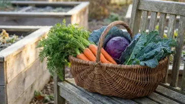 A woven basket filled with freshly harvested winter vegetables like carrots, kale, and cabbage sitting on a wooden bench in a frosty autumn garden.